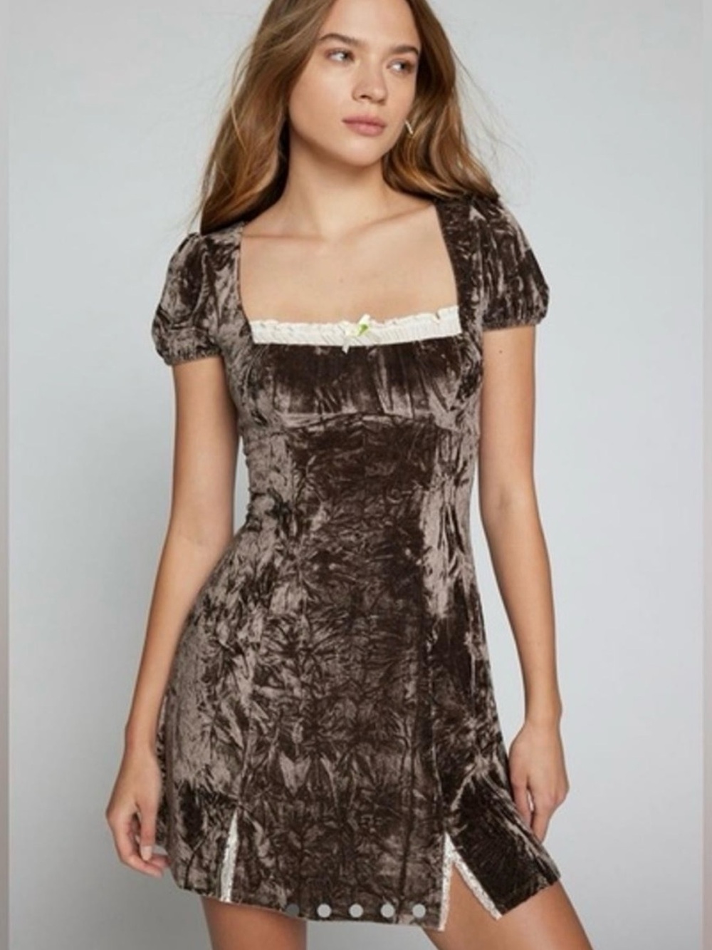 Urban Outfitters Crushed Velvet Square Neck Mini Dress in Brown size S-P